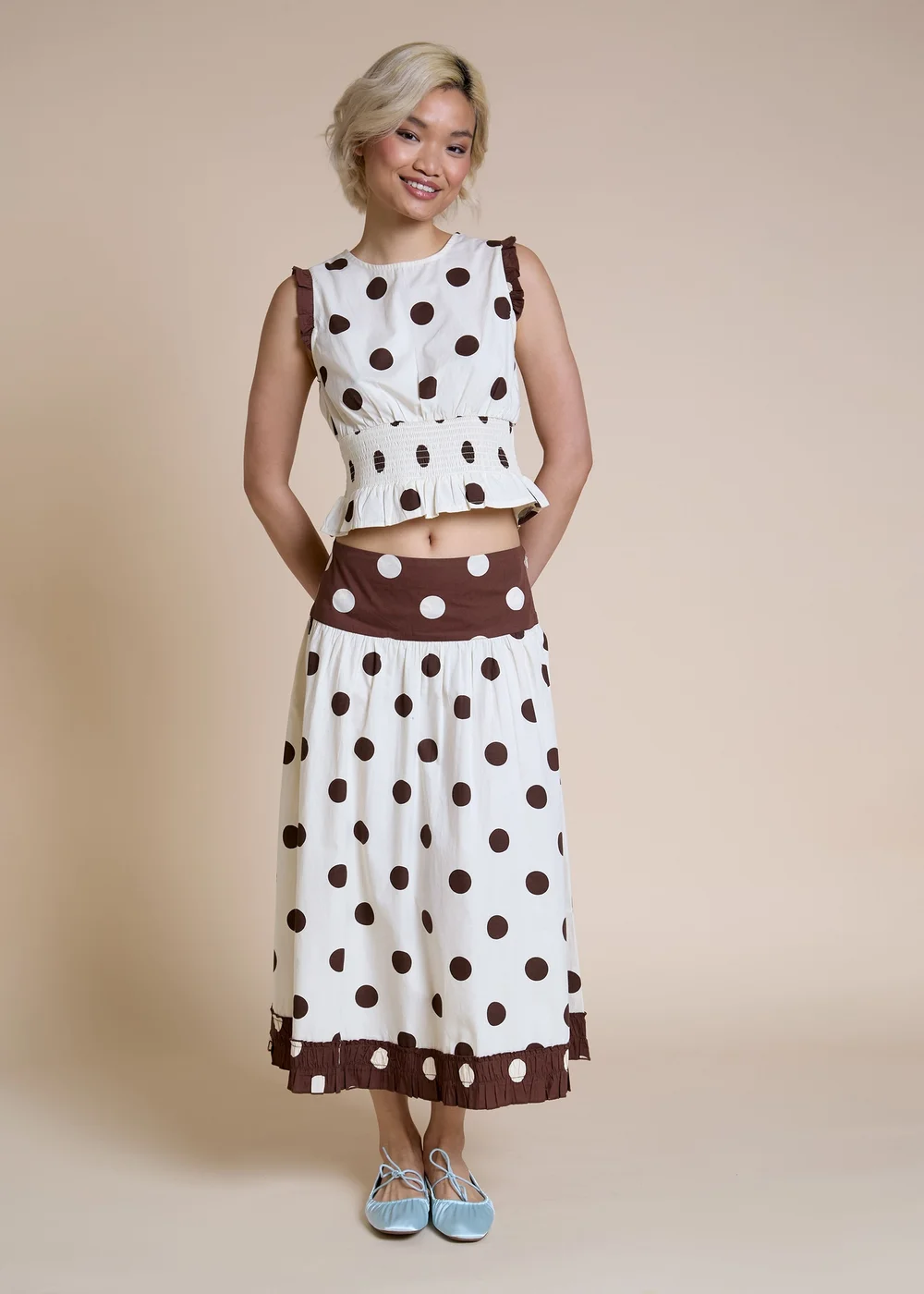 Neon Rose Cotton Brown & Cream Polka Dot Midaxi Skirt - XL Image 4