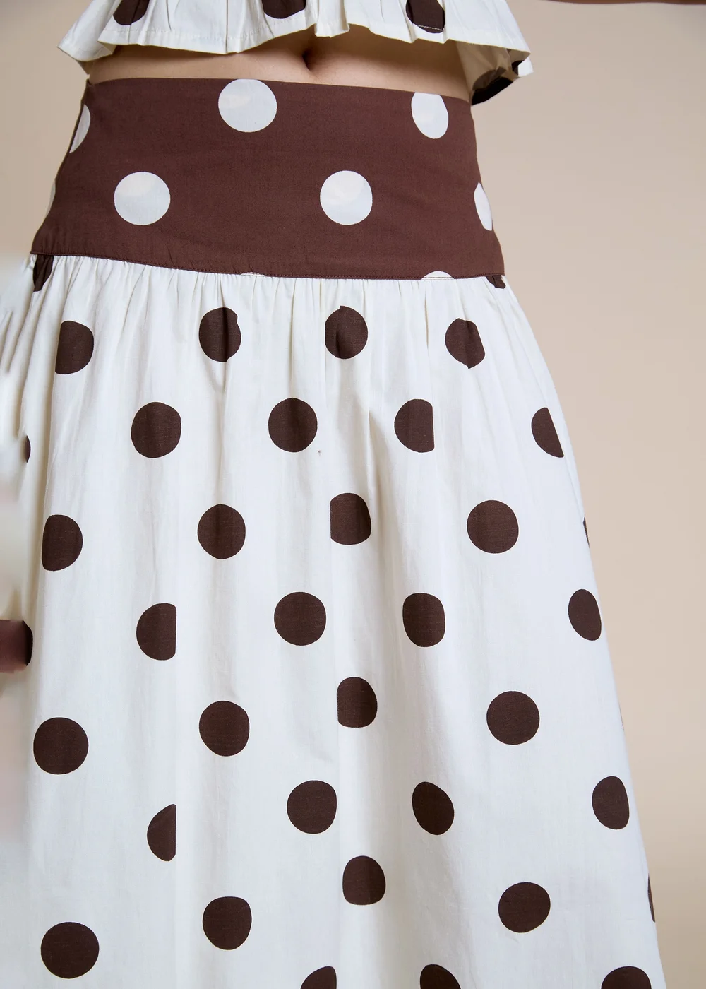 Neon Rose Cotton Brown & Cream Polka Dot Midaxi Skirt - XL Image 3