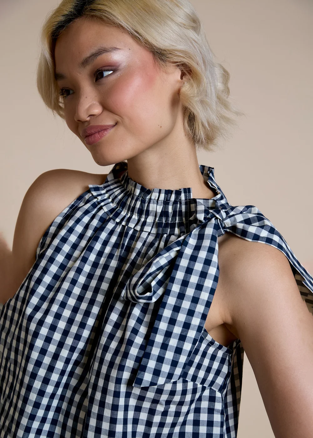 Neon Rose Navy Cotton Gingham Scarf Tie Halter Top - L Image 3