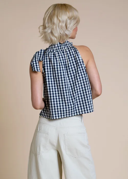Neon Rose Navy Cotton Gingham Scarf Tie Halter Top - L Image 2