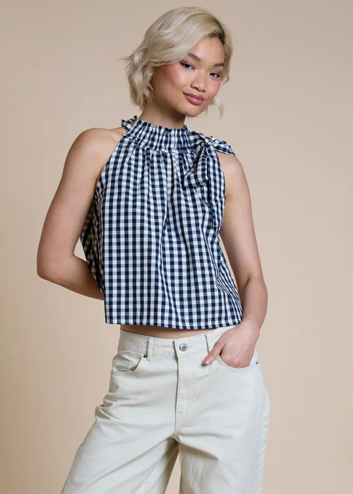 Neon Rose Navy Cotton Gingham Scarf Tie Halter Top - L Image 1