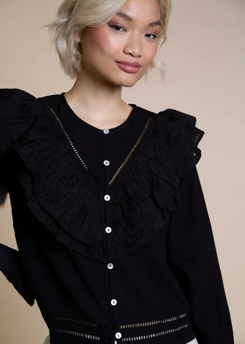 Neon Rose Black Cotton Seersucker Frill Detail Blouse - XS Image 3