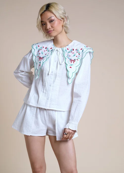 Neon Rose White Cotton Floral Embroidered Collar Blouse - M Image 1