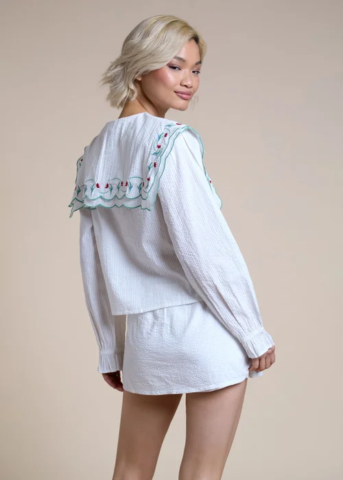 Neon Rose White Cotton Floral Embroidered Collar Blouse - M Image 2