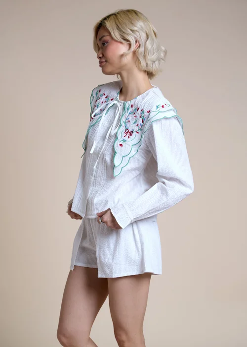Neon Rose White Cotton Floral Embroidered Collar Blouse - M Image 5