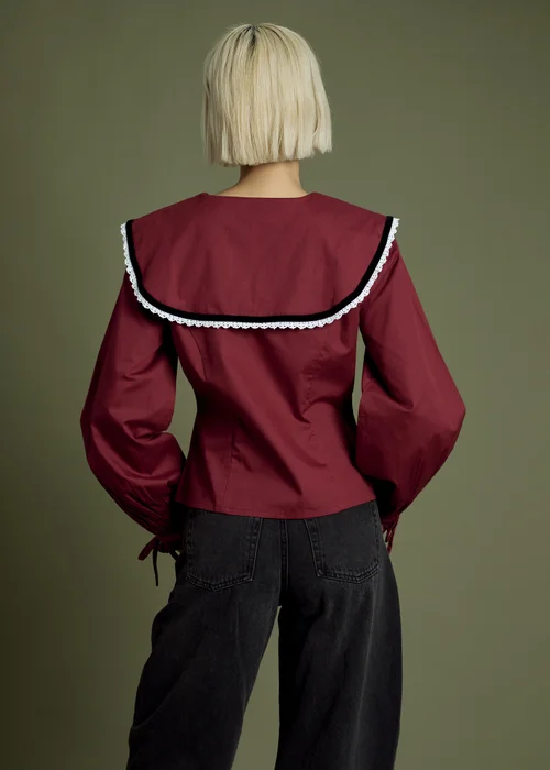 Neon Rose Burgundy Velvet Trim Collar Cotton Blouse - M Image 2