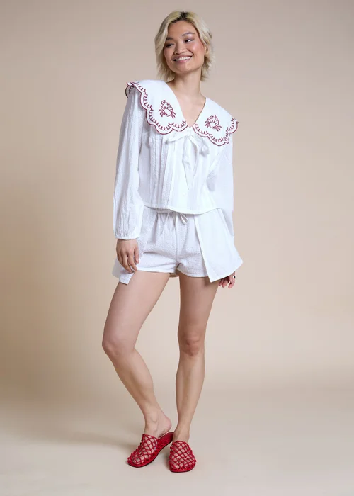 Neon Rose White Cotton Embroidered Scalloped Collar Shirt - S Image 4