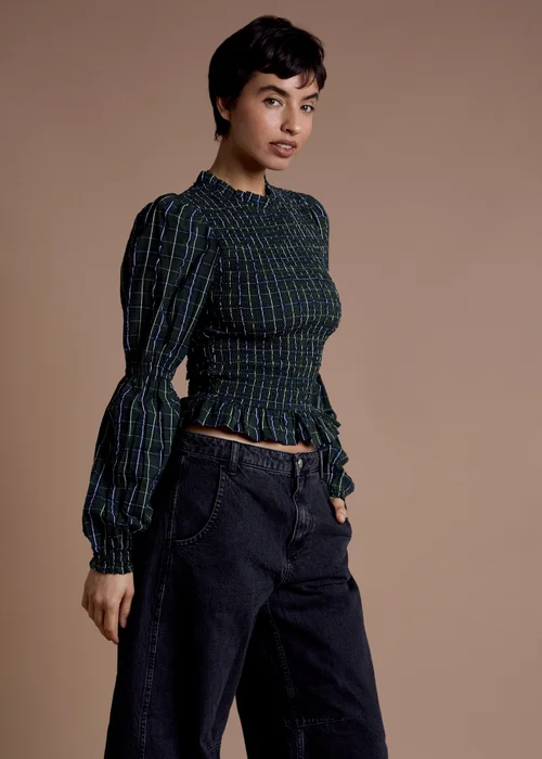 Neon Rose Dark Green Cotton Shirred Check Long Sleeve Top - S Image 4