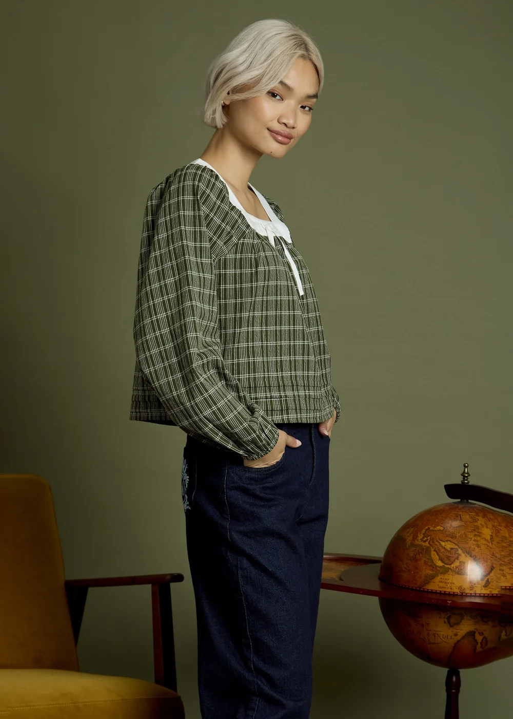 Neon Rose Green Check Square Neck Balloon Sleeve Blouse - S Image 5
