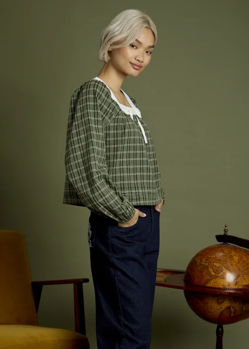 Neon Rose Green Check Square Neck Balloon Sleeve Blouse - S Image 5