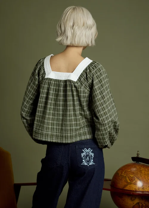 Neon Rose Green Check Square Neck Balloon Sleeve Blouse - S Image 2