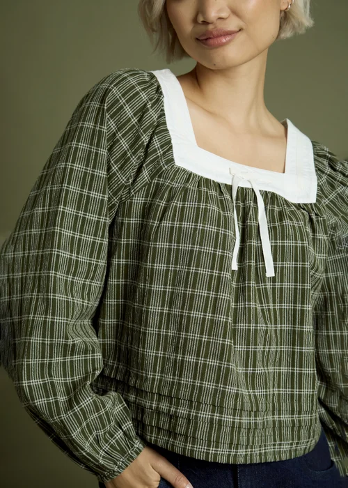 Neon Rose Green Check Square Neck Balloon Sleeve Blouse - S Image 3