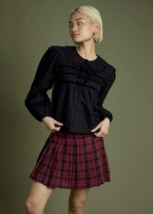 Neon Rose Black Bow Detail Cropped Cotton Blouse - S Image 1