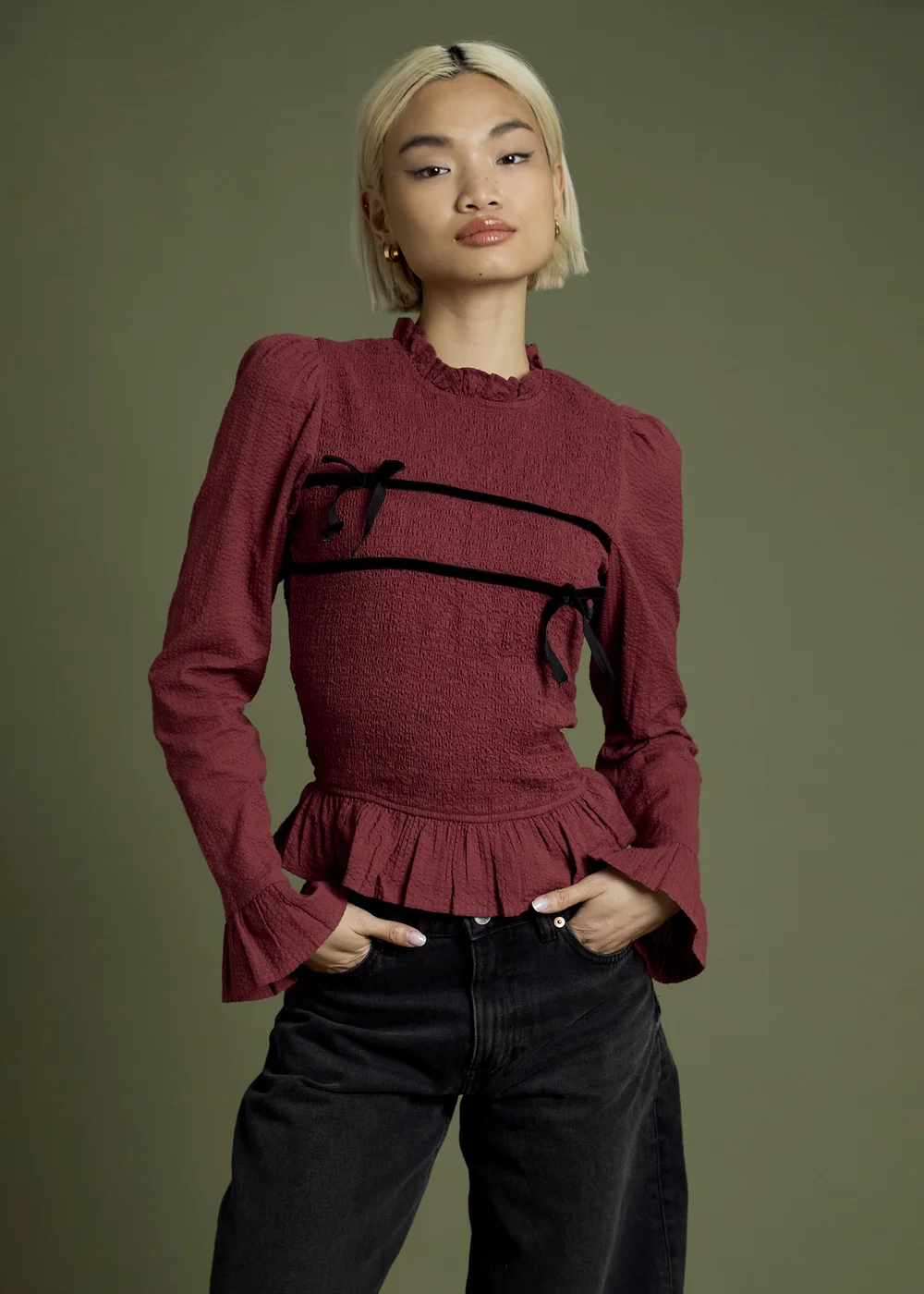 Neon Rose Burgundy Shirred Long Sleeve Blouse With Velvet Tie Details - L Image 1