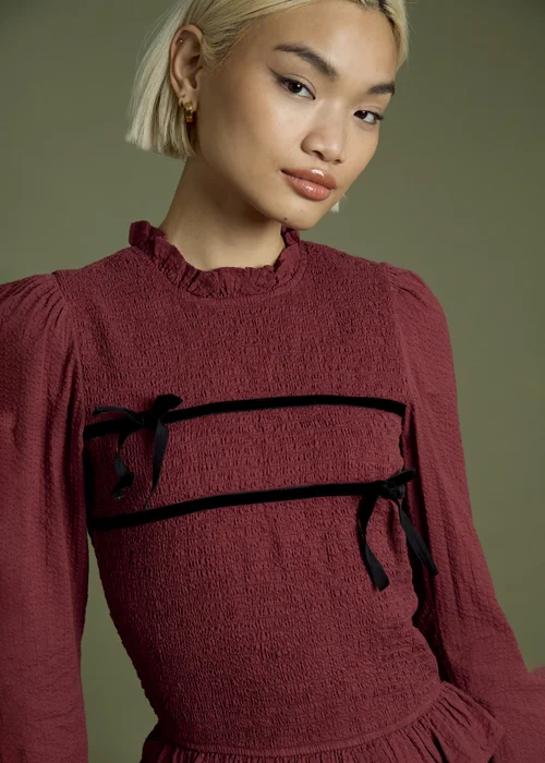 Neon Rose Burgundy Shirred Long Sleeve Blouse With Velvet Tie Details - L Image 5