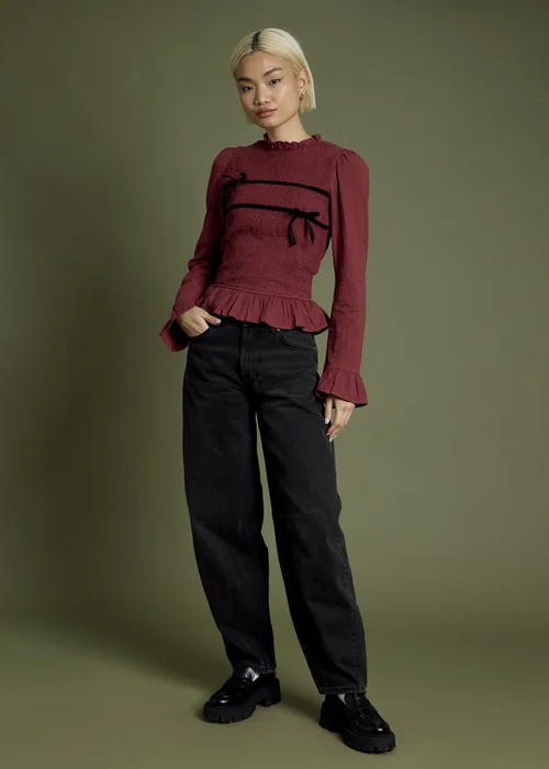 Neon Rose Burgundy Shirred Long Sleeve Blouse With Velvet Tie Details - L Image 4