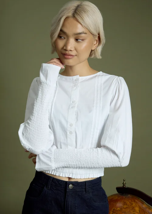 Neon Rose White Cotton Puff & Shirred Sleeve Blouse - S Image 2