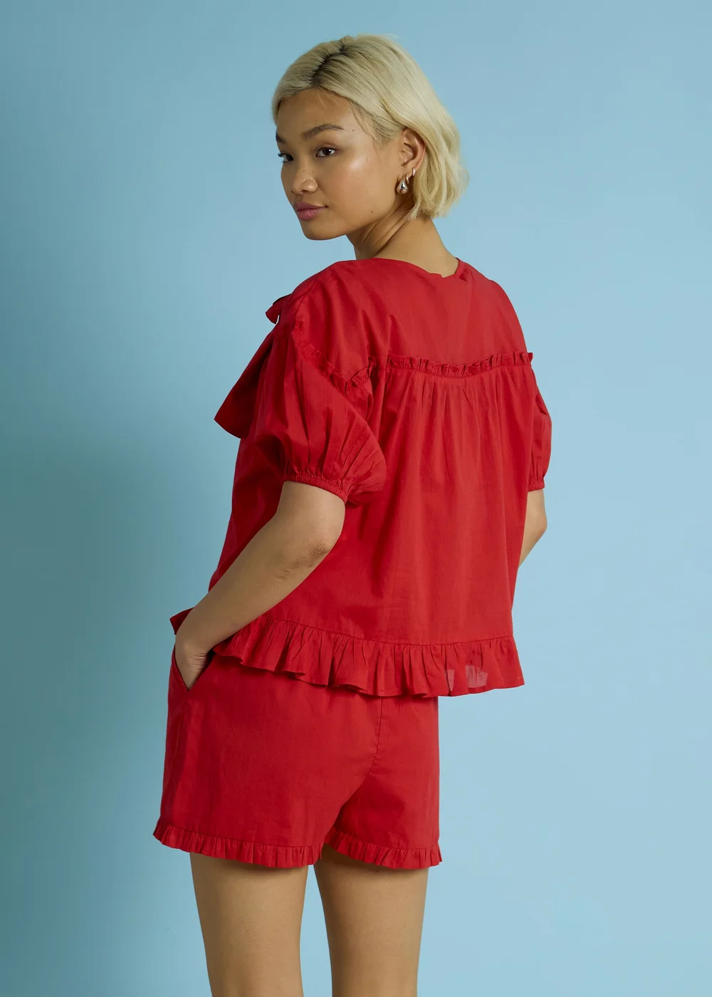 Neon Rose Red Bow Detail Puff Sleeve Blouse - S Image 2