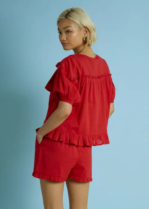 Neon Rose Red Bow Detail Puff Sleeve Blouse - S Image 2