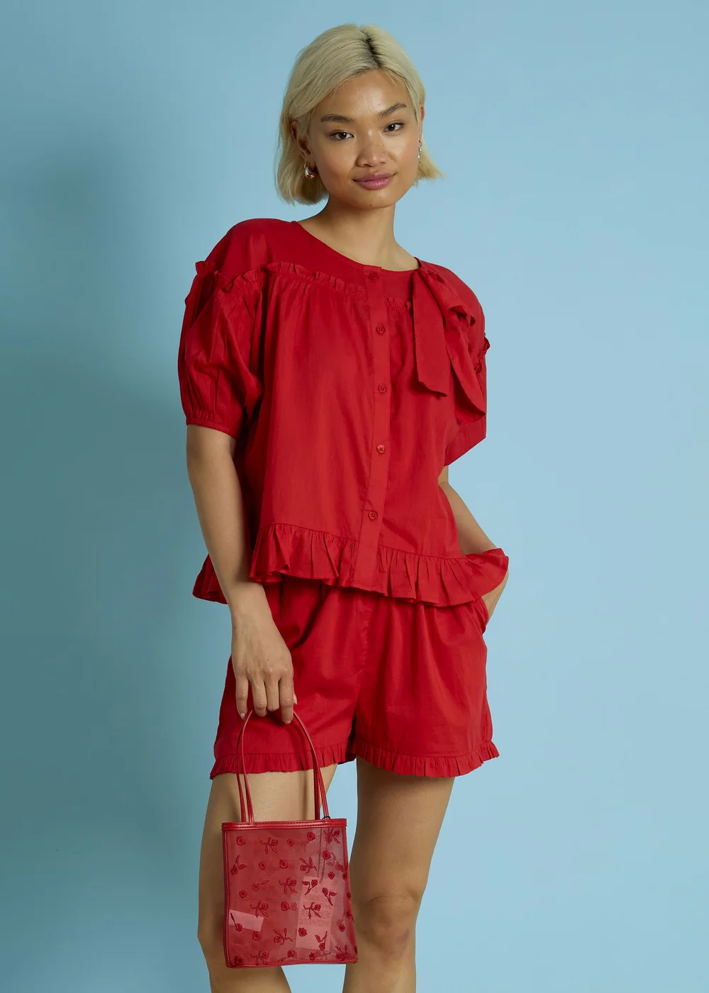 Neon Rose Red Bow Detail Puff Sleeve Blouse - S Image 1