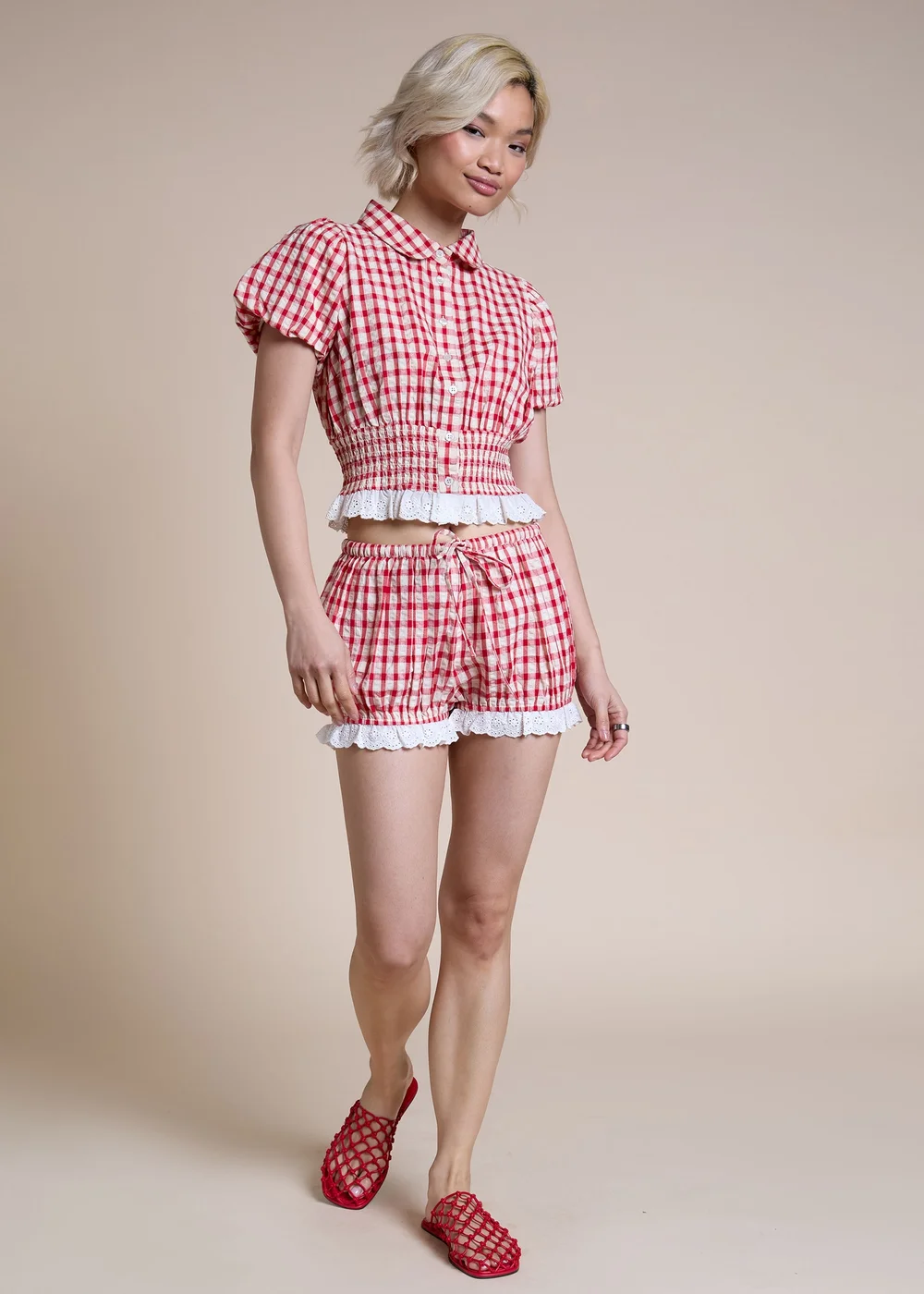 Neon Rose Red Cotton Gingham Seersucker Blouse - M Image 4