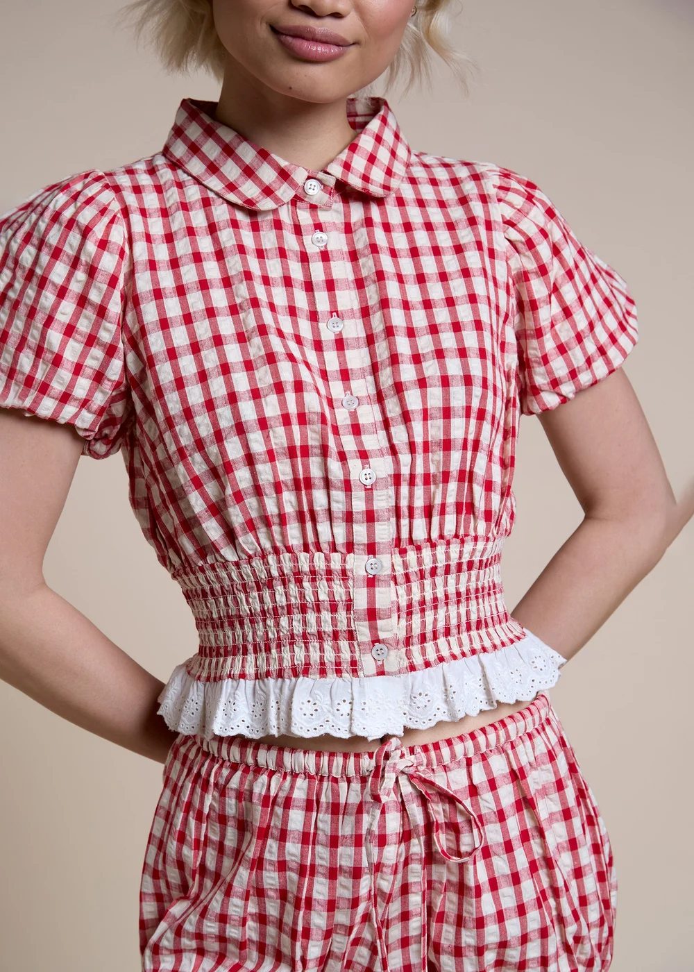 Neon Rose Red Cotton Gingham Seersucker Blouse - M Image 3