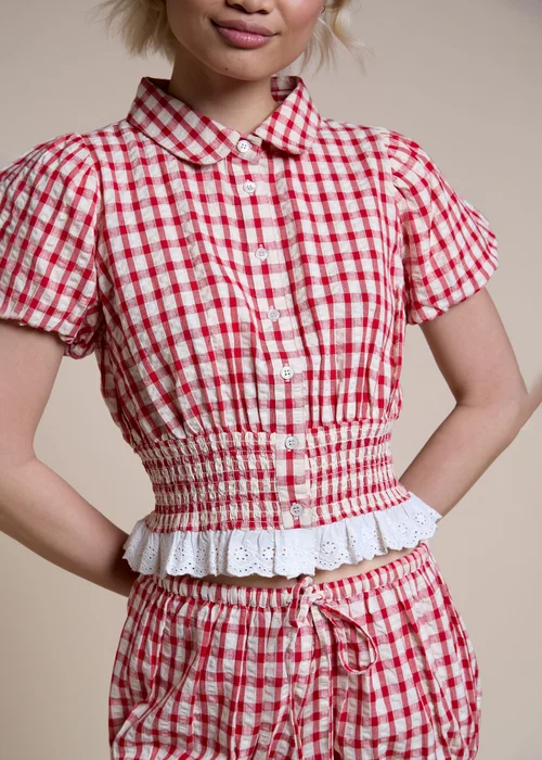 Neon Rose Red Cotton Gingham Seersucker Blouse - M Image 3