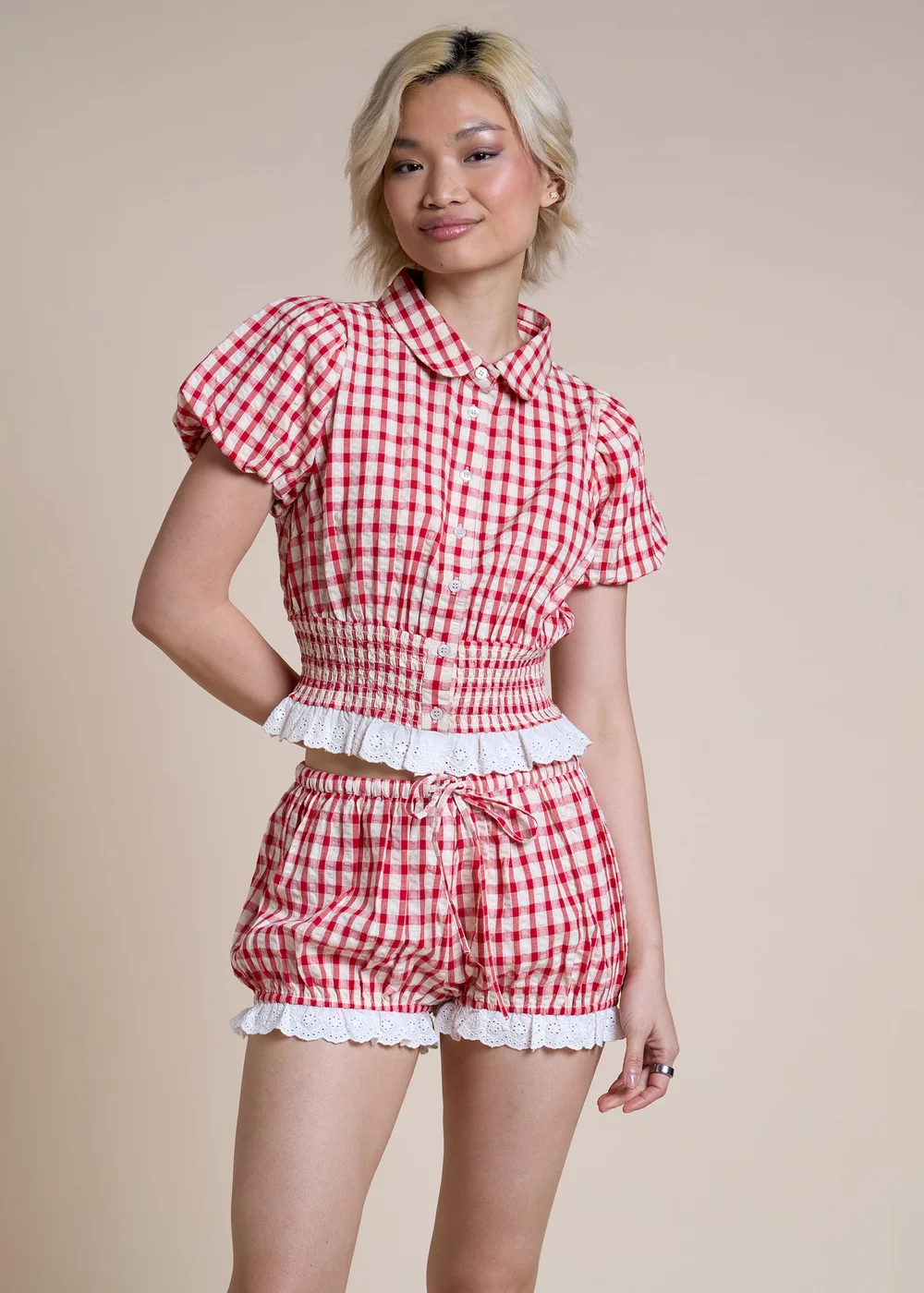 Neon Rose Red Cotton Gingham Seersucker Blouse - M Image 1