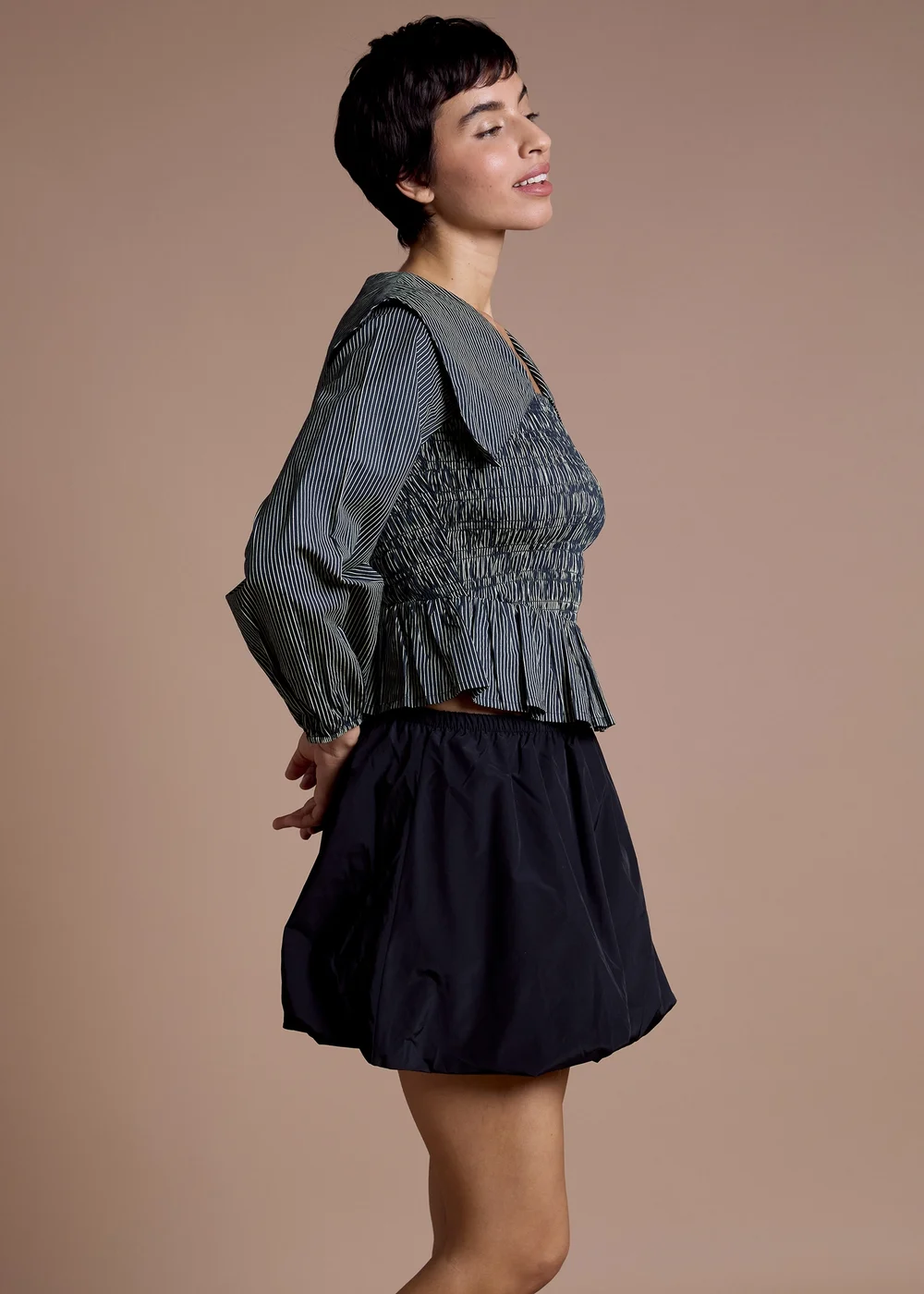 Neon Rose Navy Cotton Shirred Stripe Detail Top - XS Image 5