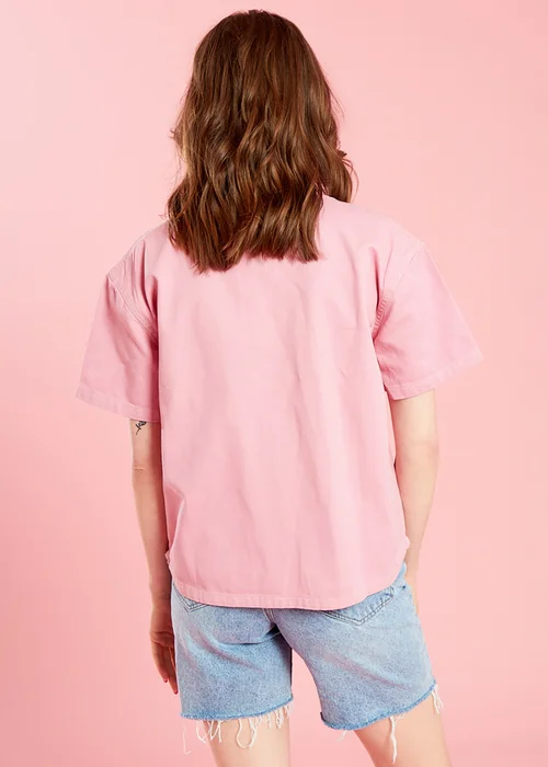 Neon Rose Dusty Pink Floral Embroidered Cotton Denim Shirt - XS Image 2