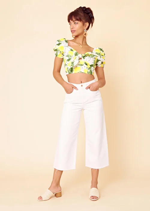 Neon Rose Yellow Cotton Lemon Print Tie Front Crop Top - M Image 4