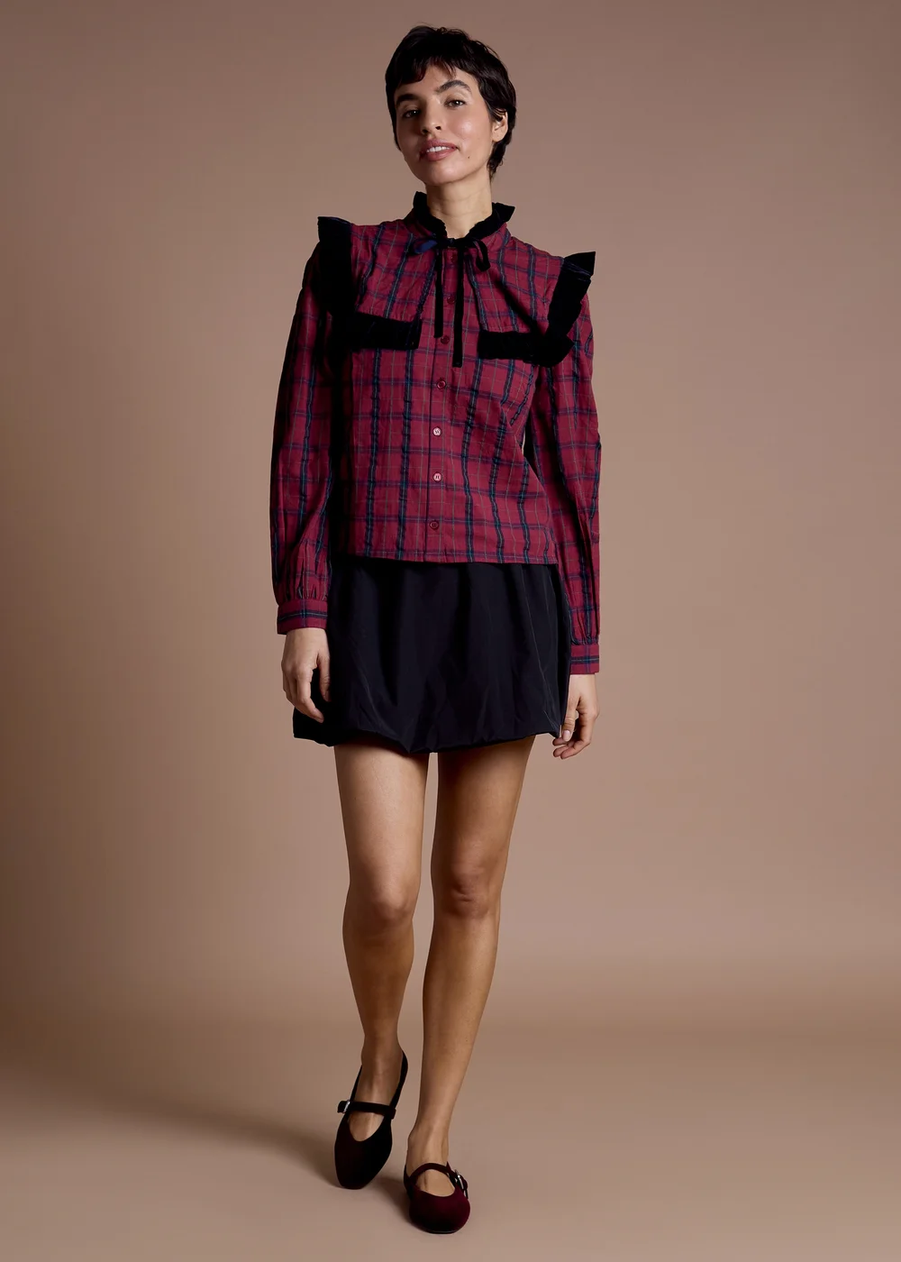 Neon Rose Burgundy Cotton Check Frill Detail Blouse - S Image 4