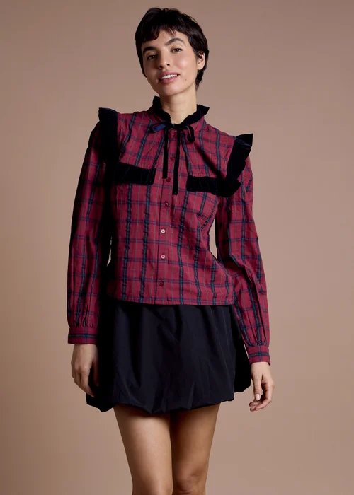 Neon Rose Burgundy Cotton Check Frill Detail Blouse - S Image 1