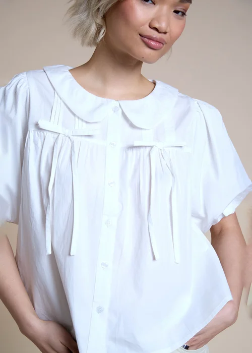 Neon Rose White Cotton Bow Detail Puff Sleeve Blouse - XL Image 3
