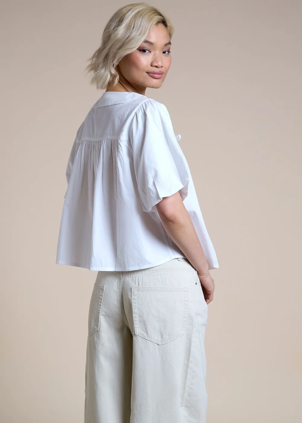 Neon Rose White Cotton Bow Detail Puff Sleeve Blouse - XL Image 5
