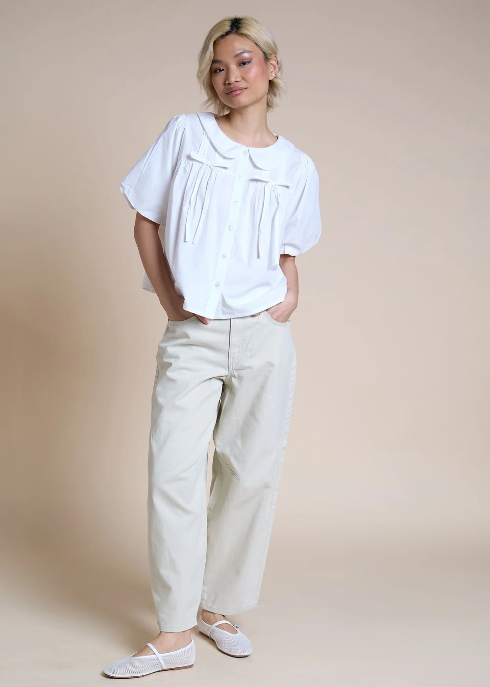 Neon Rose White Cotton Bow Detail Puff Sleeve Blouse - XL Image 4
