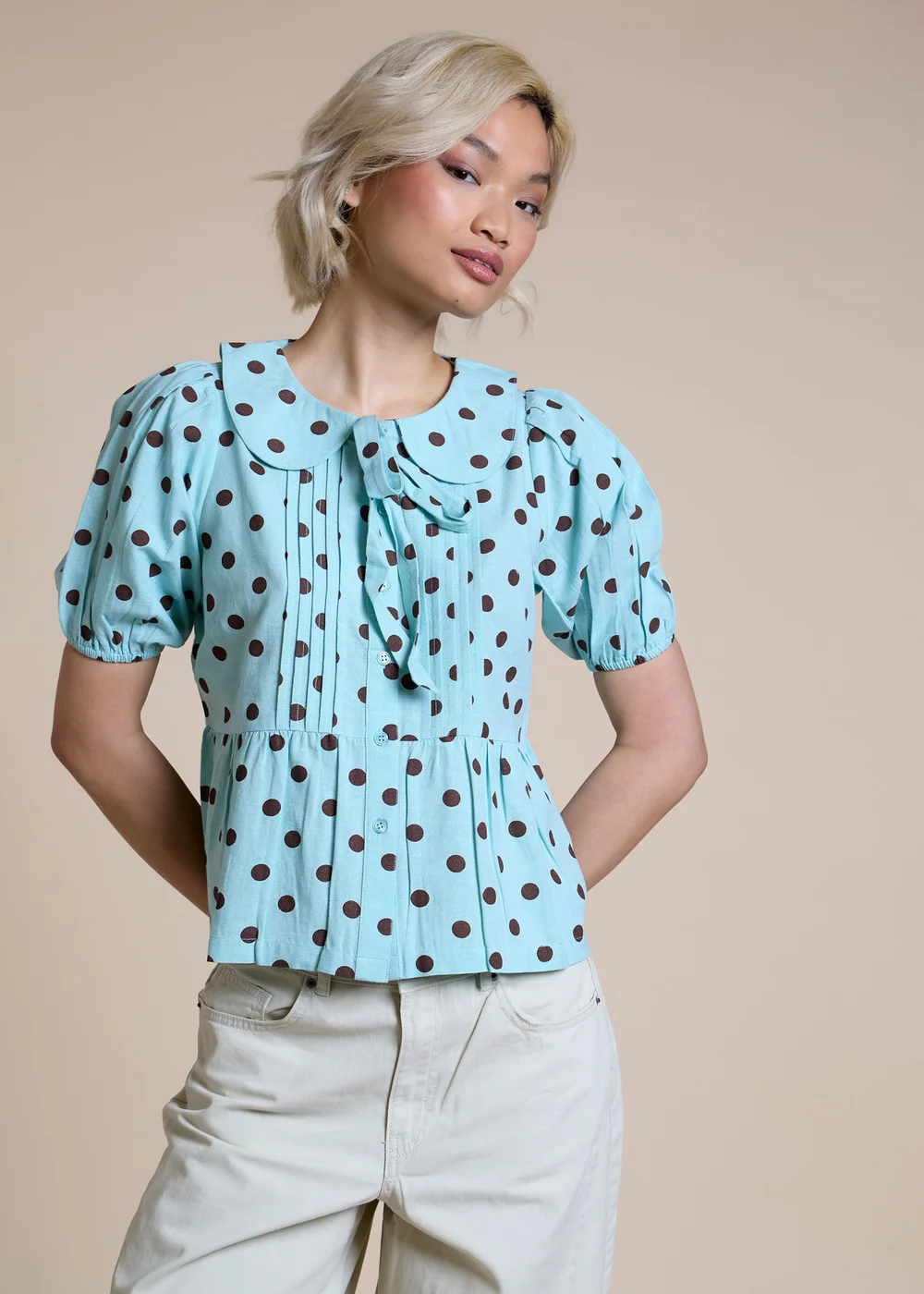 Neon Rose Blue Cotton Puff Sleeve Polka Dot Blouse - S Image 1