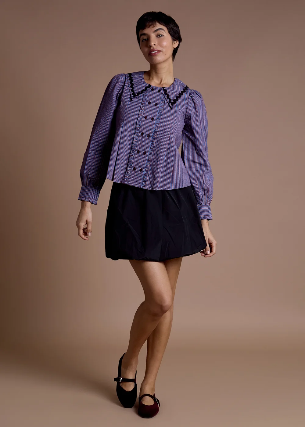Neon Rose Blue Cotton Striped Frill Detail Blouse - XS Image 4
