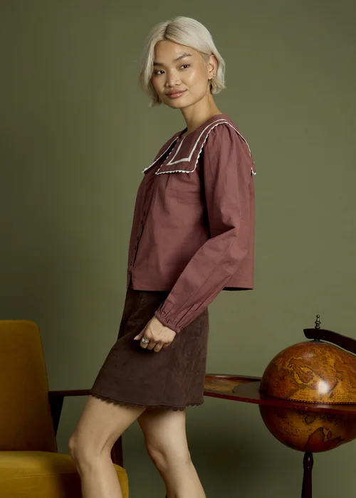 Neon Rose Brown Cotton Balloon Sleeve Smock Blouse - M Image 4
