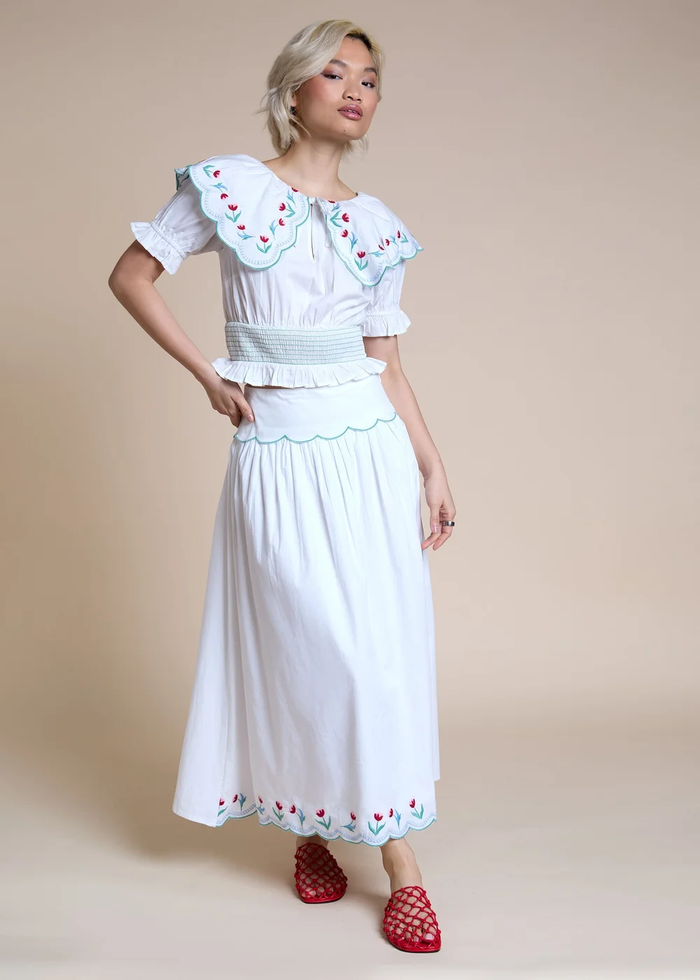 Neon Rose White Cotton Floral Embroidered Shirred Top - XL Image 4