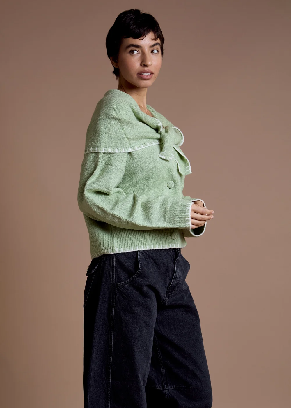 Neon Rose Green Scarf Detail Button-Up Cardigan - XS Image 5
