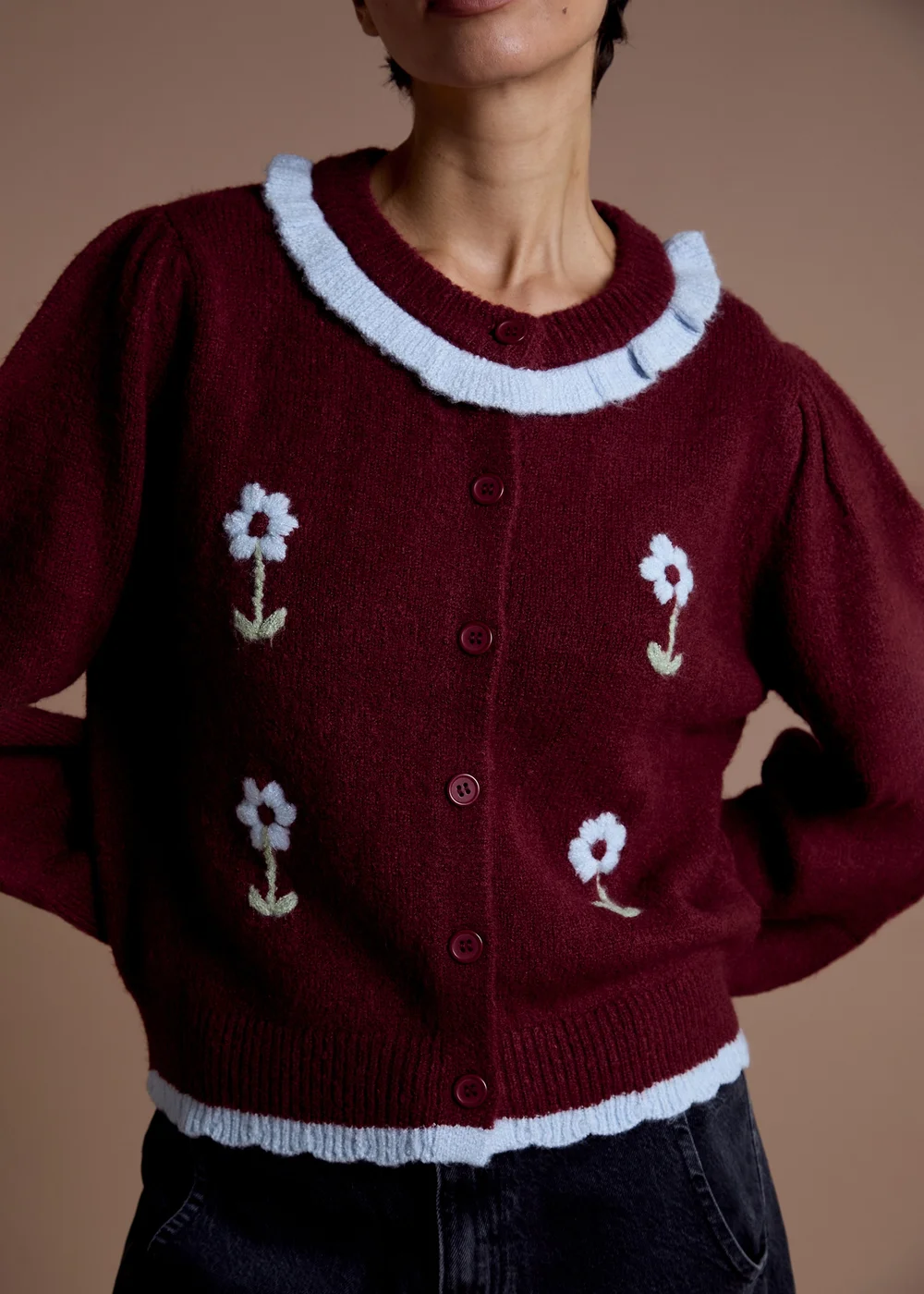 Neon Rose Burgundy Floral Frill Detail Cardigan - XS Image 3