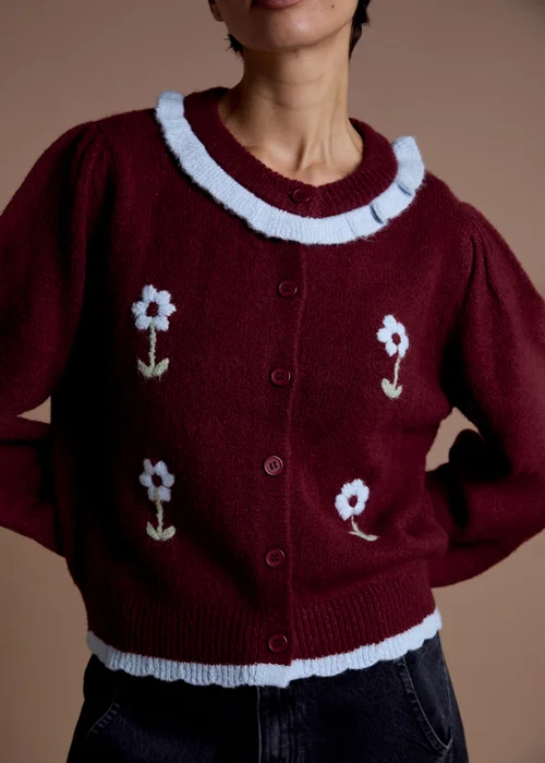 Neon Rose Burgundy Floral Frill Detail Cardigan - XS Image 3