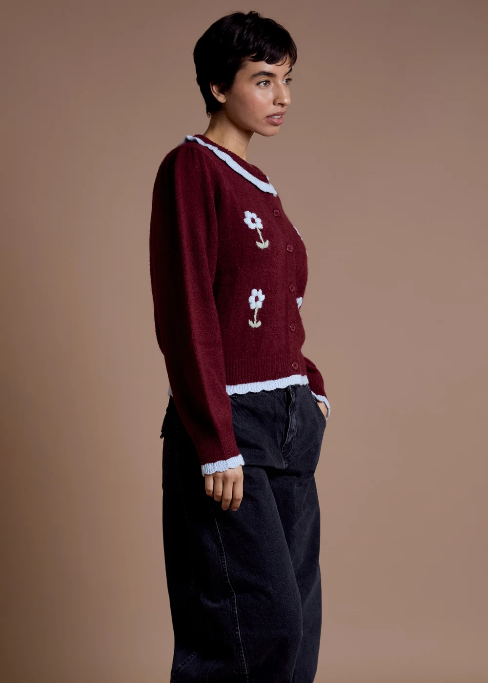 Neon Rose Burgundy Floral Frill Detail Cardigan - XS Image 5