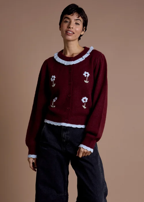 Neon Rose Burgundy Floral Frill Detail Cardigan - XS Image 1