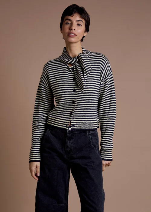 Neon Rose Navy Striped Tie Neck Cardigan - M Image 1