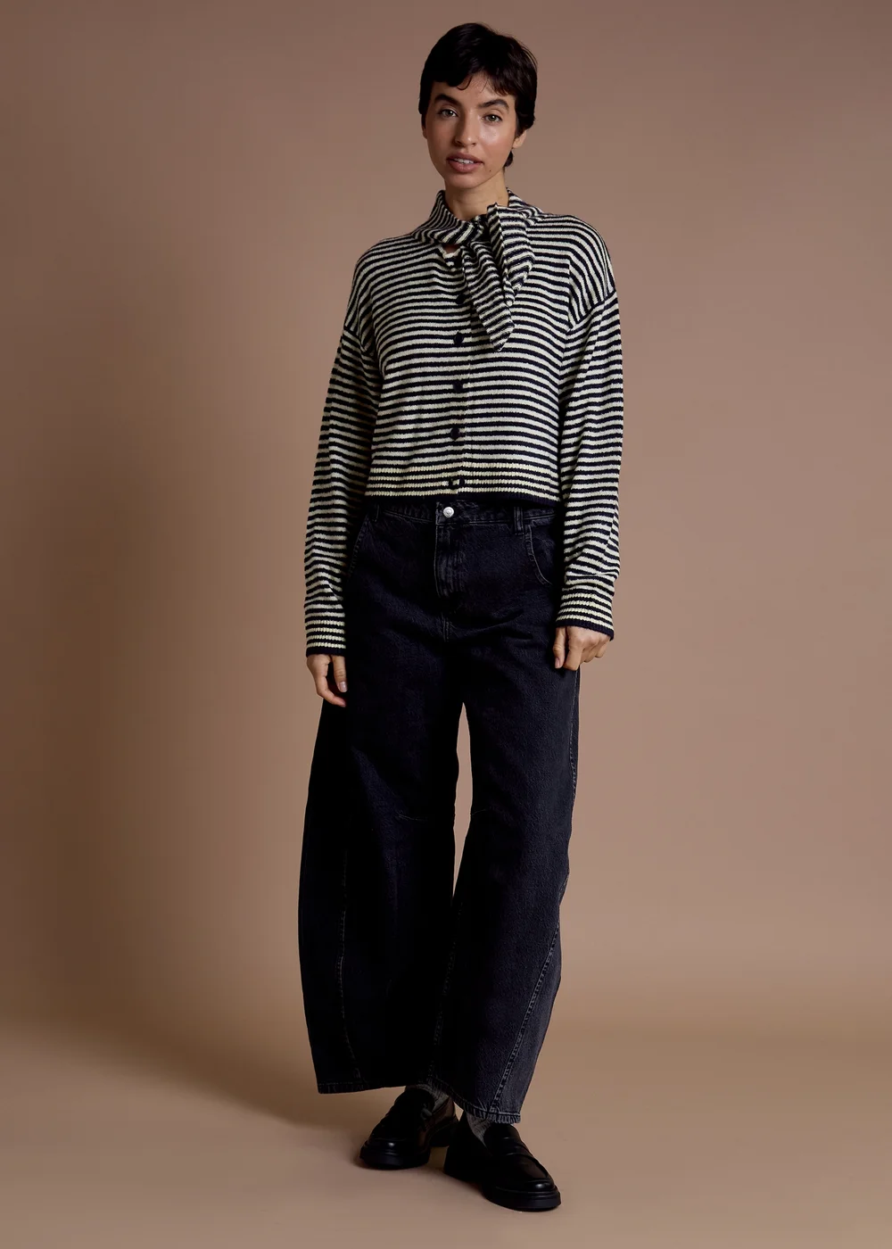 Neon Rose Navy Striped Tie Neck Cardigan - M Image 4