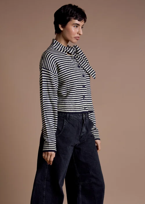 Neon Rose Navy Striped Tie Neck Cardigan - M Image 5