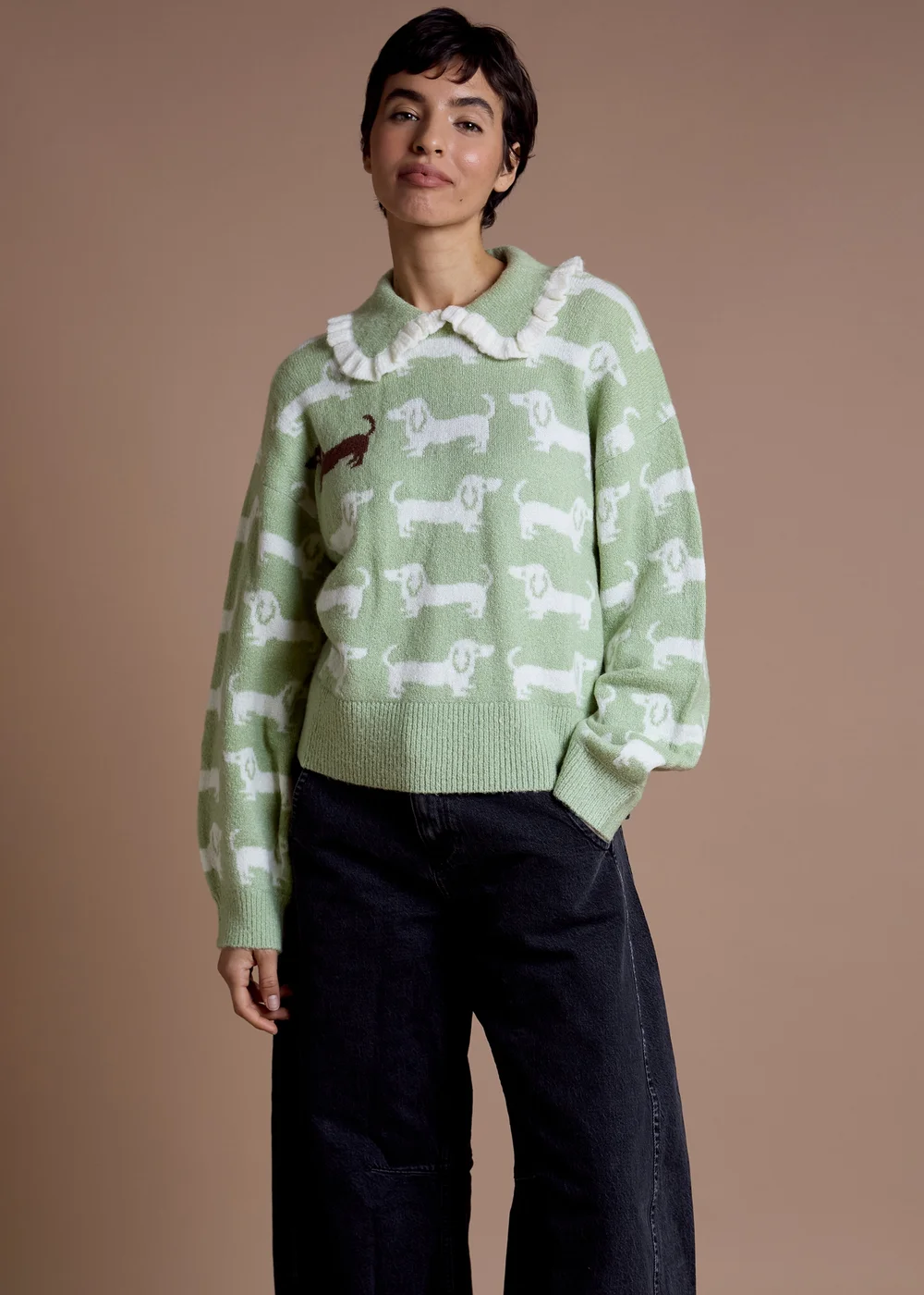 Neon Rose Green Frill Collar Sausage Dog Knit Jumper - L Image 1