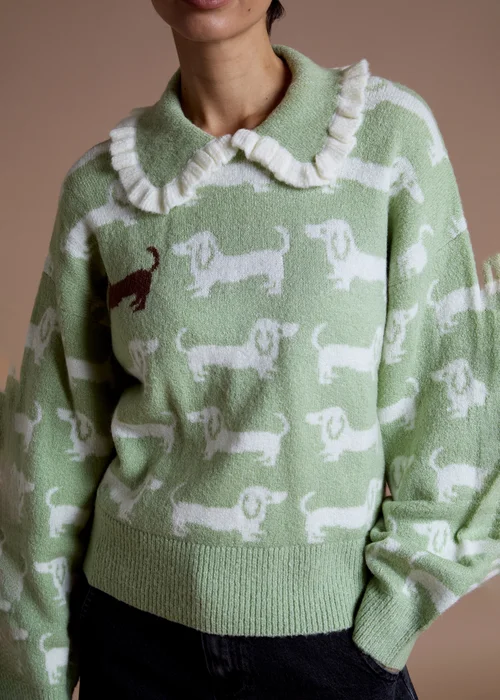 Neon Rose Green Frill Collar Sausage Dog Knit Jumper - L Image 3